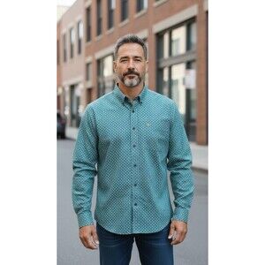 Cinch Long Sleeve Button Down Shirt L Teal Green Ditzy Floral Micro Print NWOT